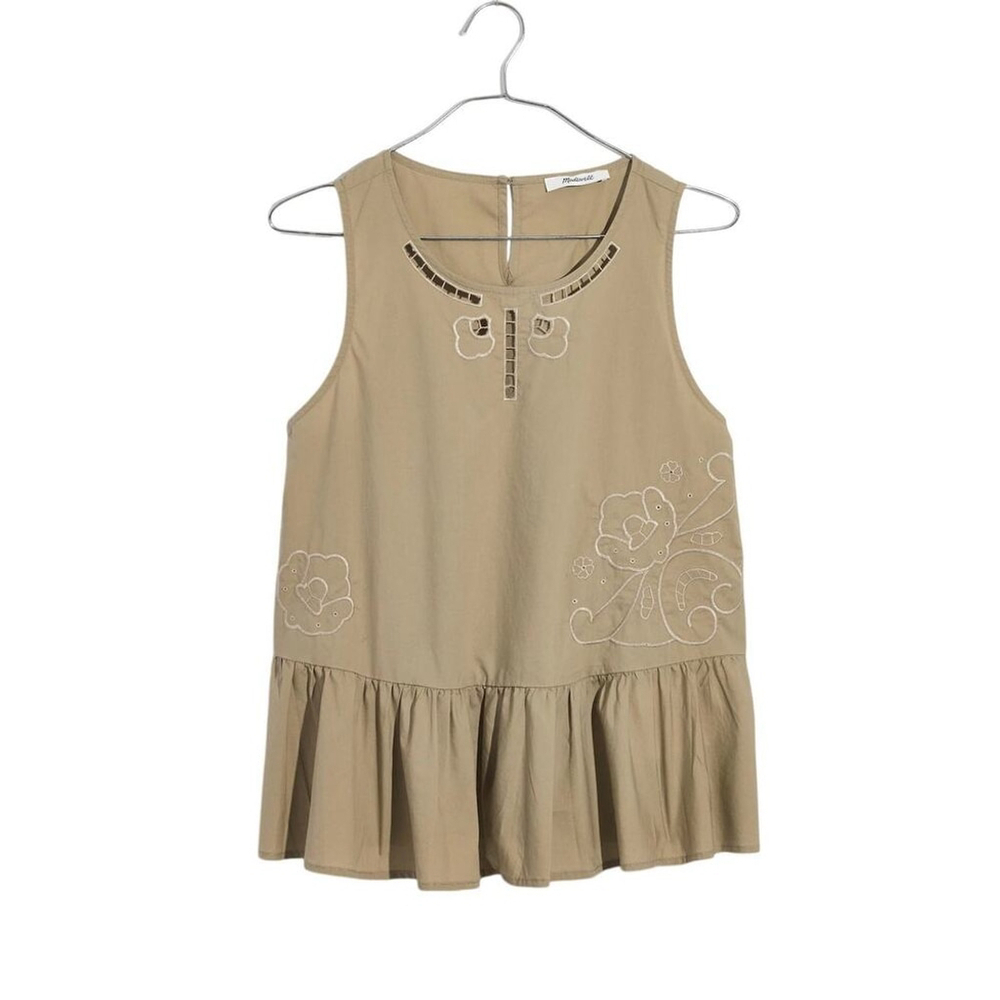 Madewell Ash Green Embroidered Peplum Tank Top | Sleeveless Cotton Blouse – XXS